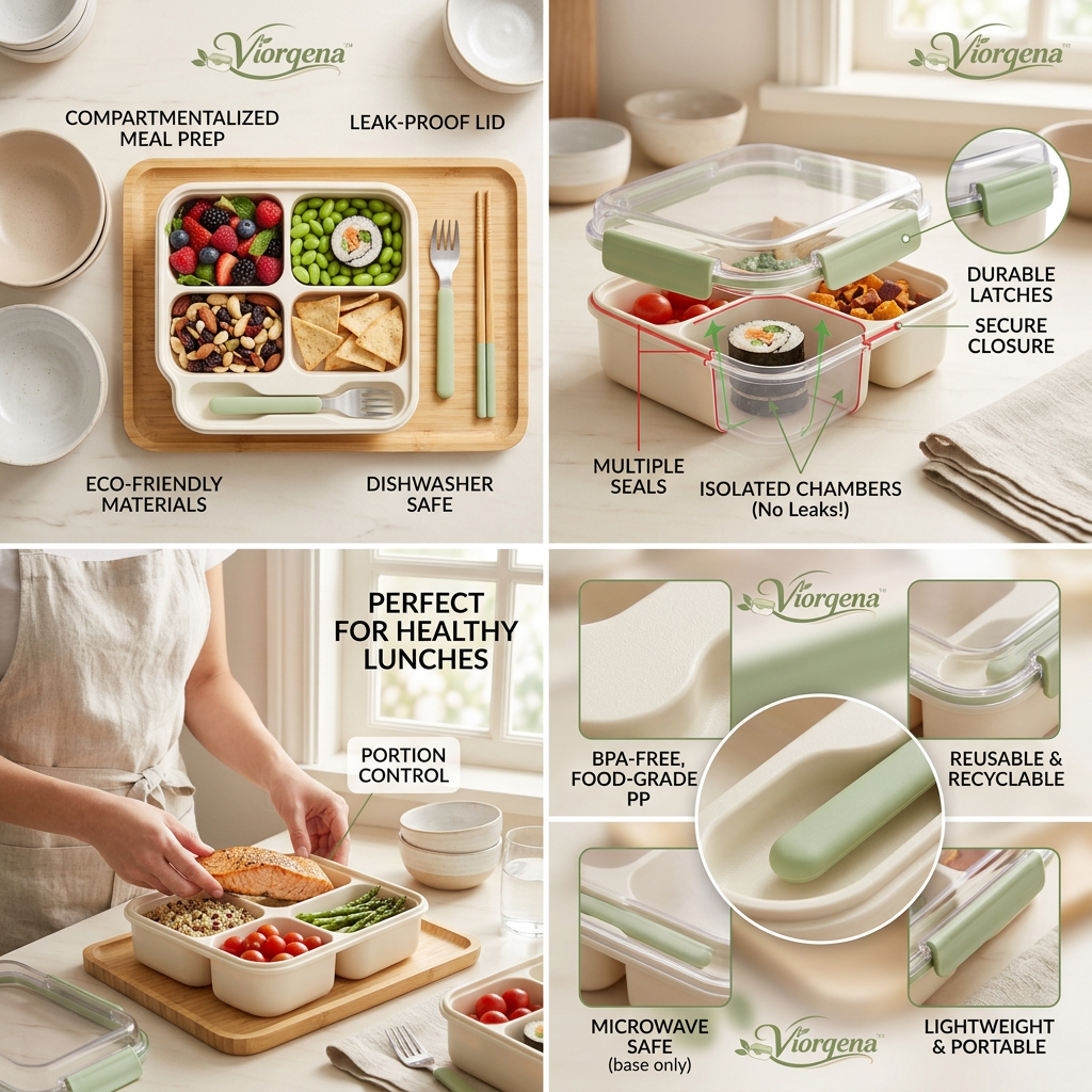 Viorqena™ All-in-One Bento Lunch Box with Built-In Fork – 4-Compartment Portion-Control Meal Prep Container with Clear Locking Lid