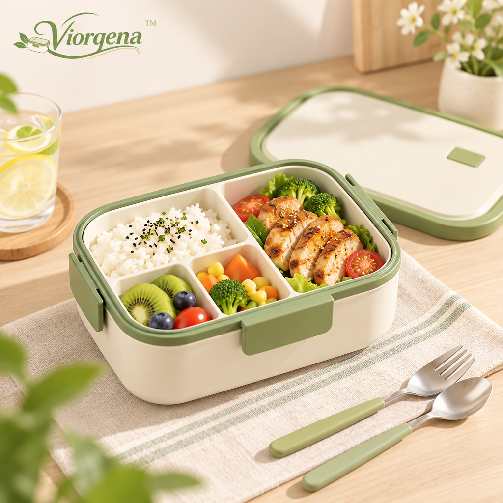Viorqena™ 4-Compartment Bento Lunch Box with Cutlery Set – Leakproof Meal Prep Food Container for Adults &amp; Kids