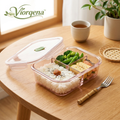 Viorqena™ 3-Compartment Glass Bento Lunch Box with Leaf Steam Vent &amp; Airtight Snap Lid
