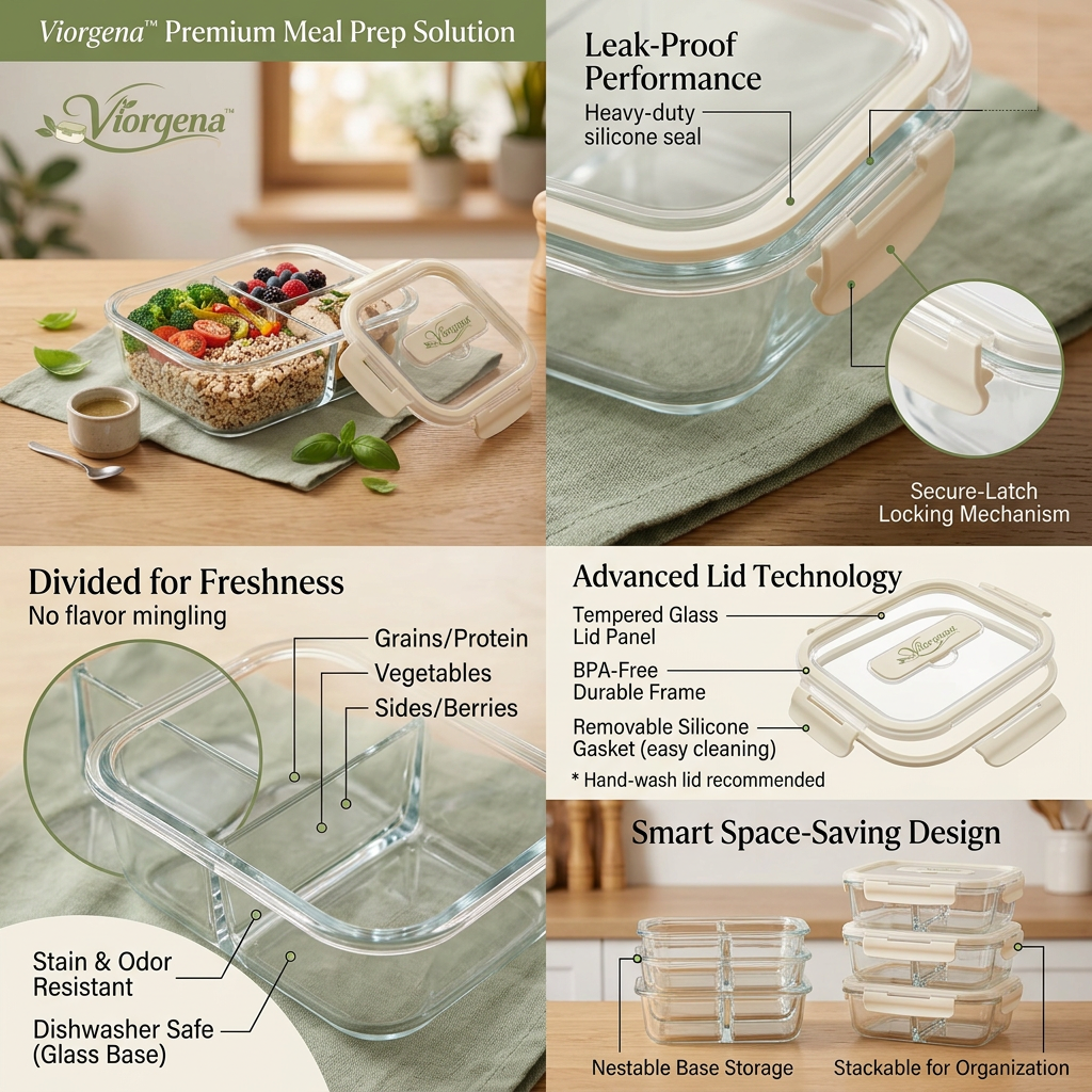 Viorqena™ 3-Compartment Glass Meal Prep Container with Airtight Locking Lid – Leakproof Bento Lunch Box for Portion Control &amp; Daily Freshness
