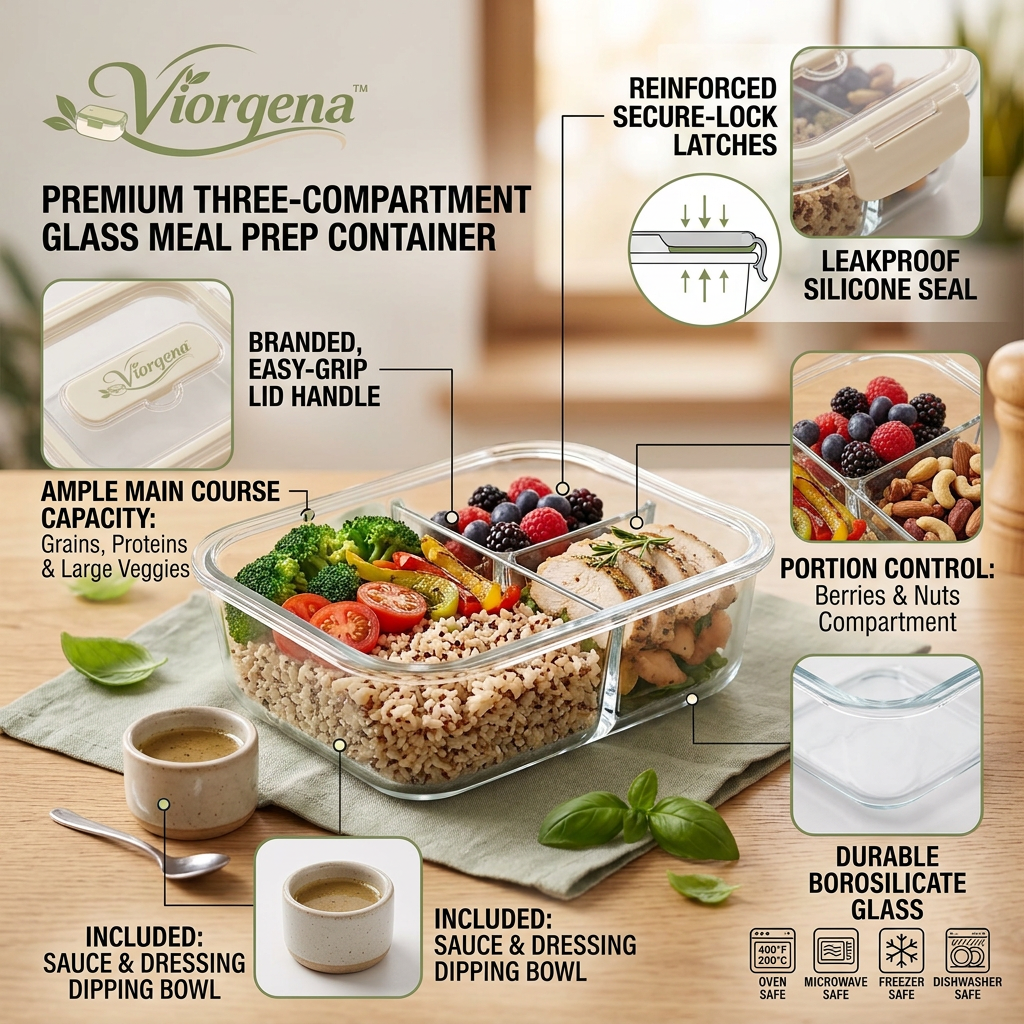 Viorqena™ 3-Compartment Glass Meal Prep Container with Airtight Locking Lid – Leakproof Bento Lunch Box for Portion Control &amp; Daily Freshness