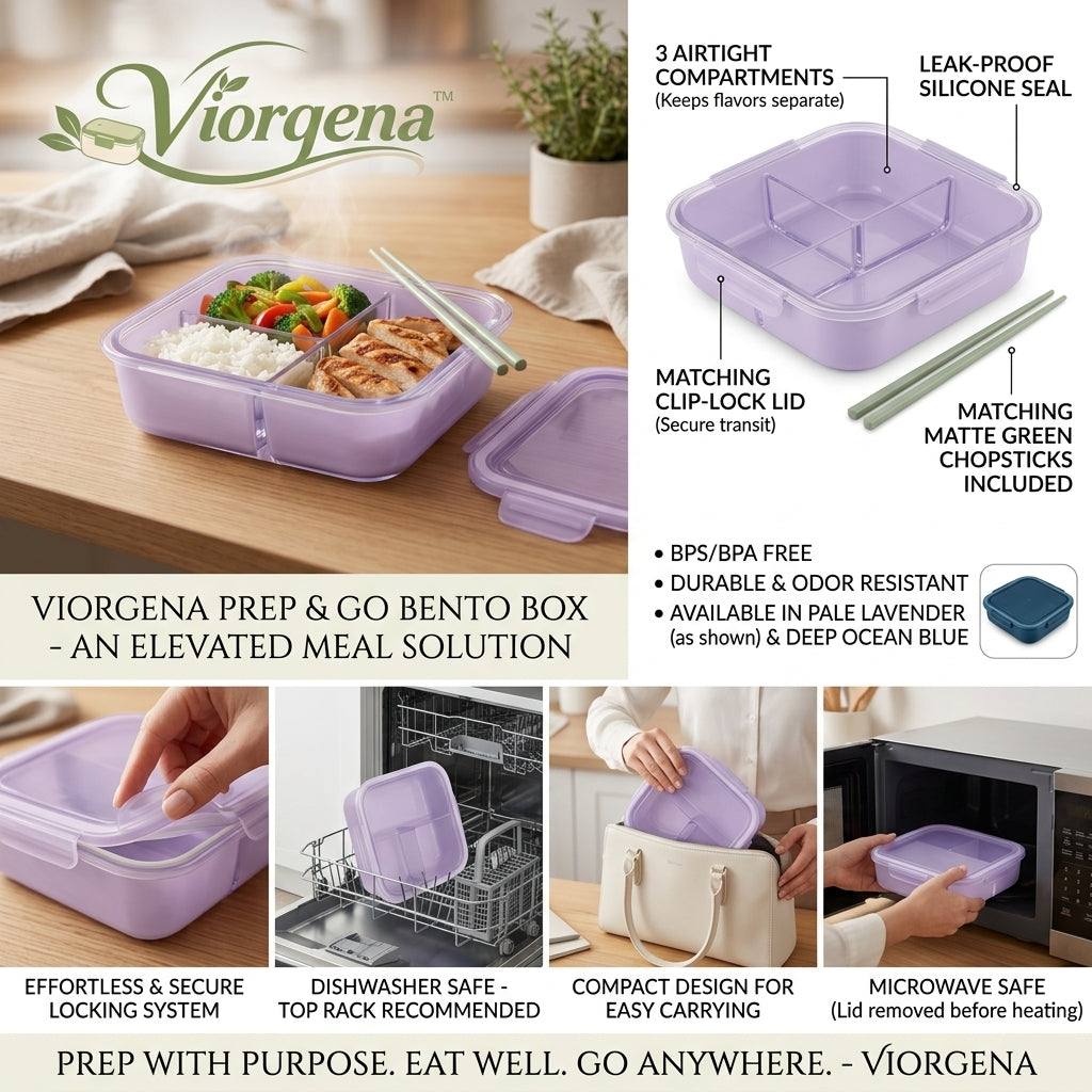 Viorqena™ Purple 3-Compartment Lunch Box with Clear Lid
