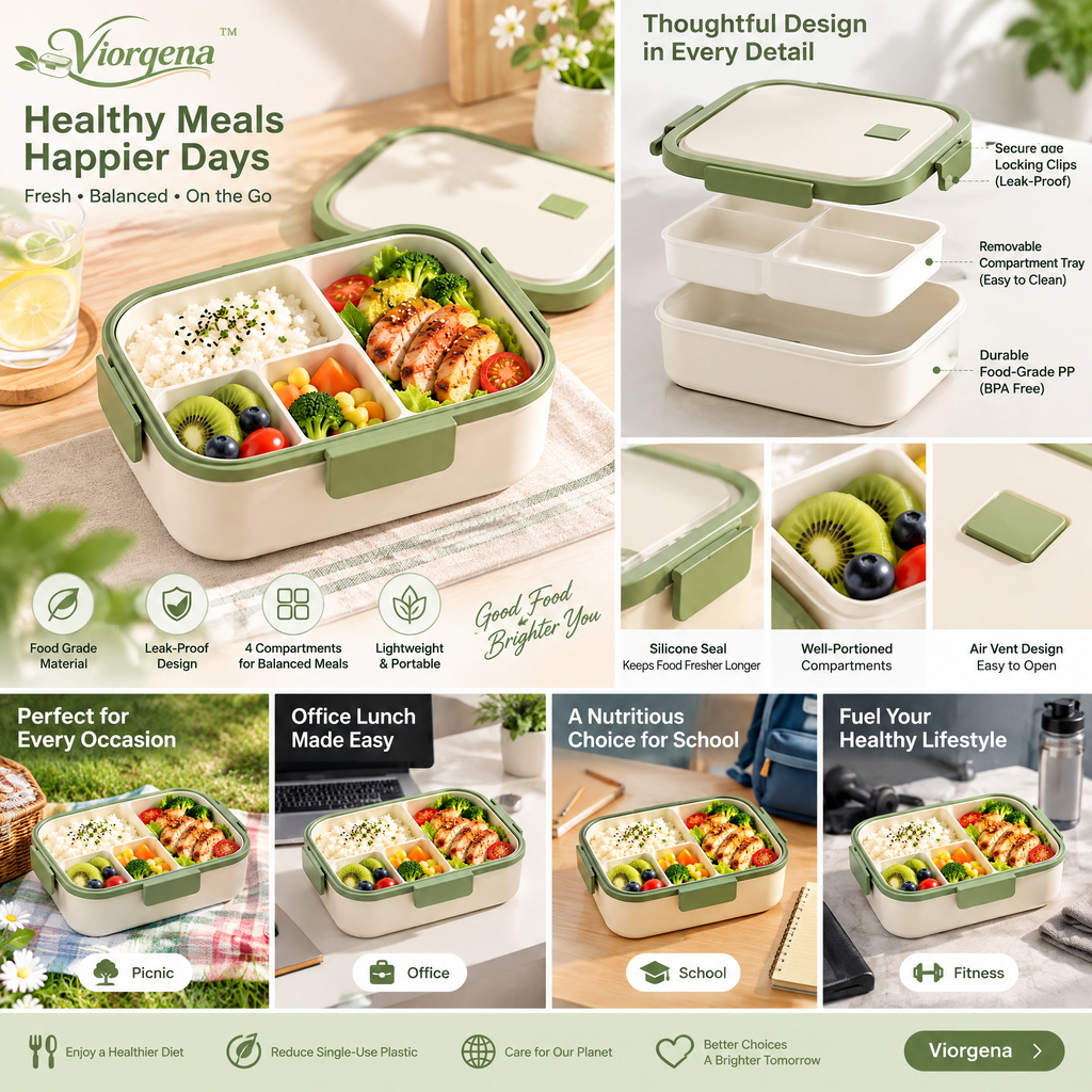 Viorqena™ 4-Compartment Bento Lunch Box with Cutlery Set – Leakproof Meal Prep Food Container for Adults &amp; Kids