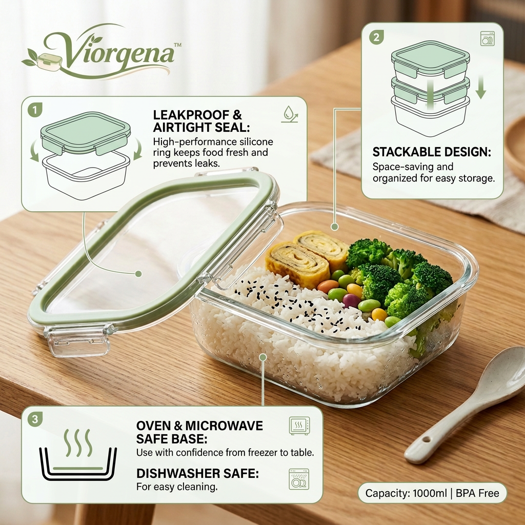 Viorqena™ Airtight Glass Lunch Box – Single Compartment Bento Food Storage Container with Leakproof Snap-Lock Lid