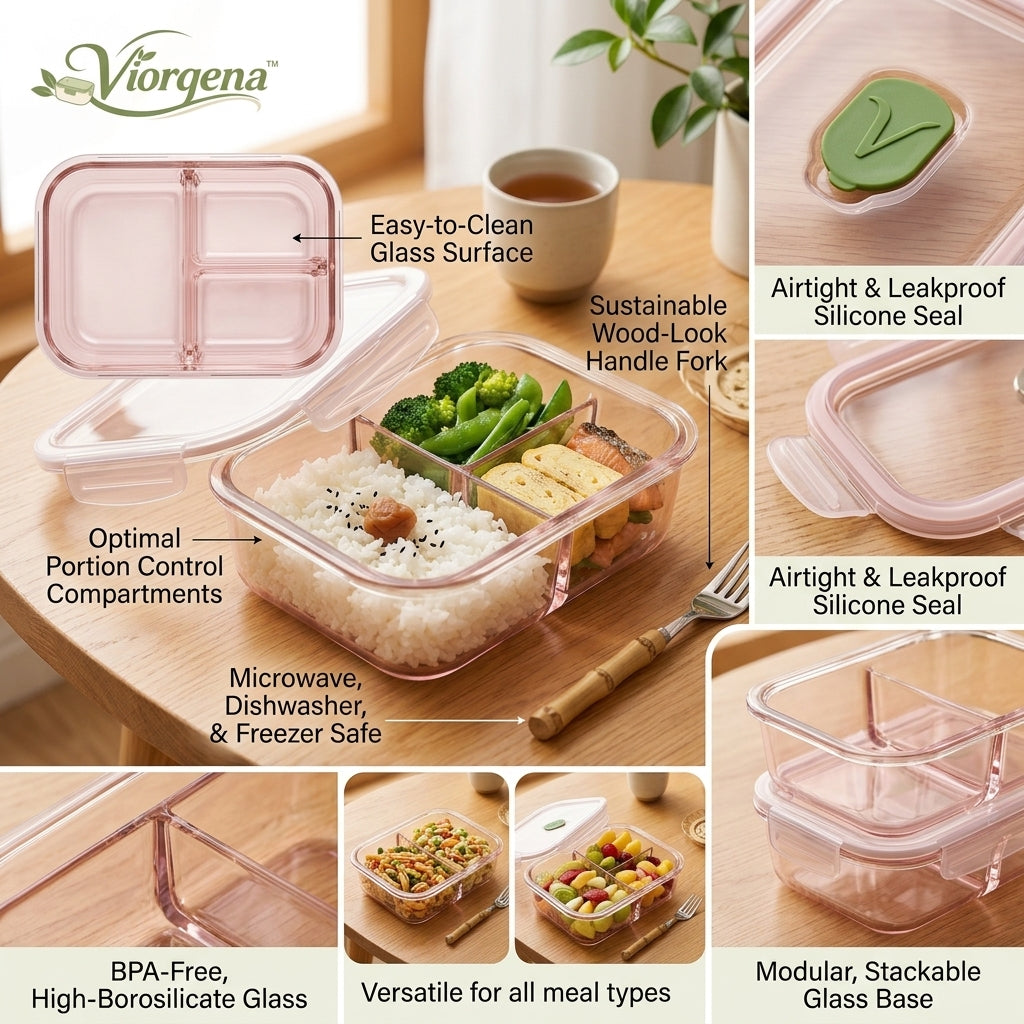 Viorqena™ 3-Compartment Glass Bento Lunch Box with Leaf Steam Vent &amp; Airtight Snap Lid