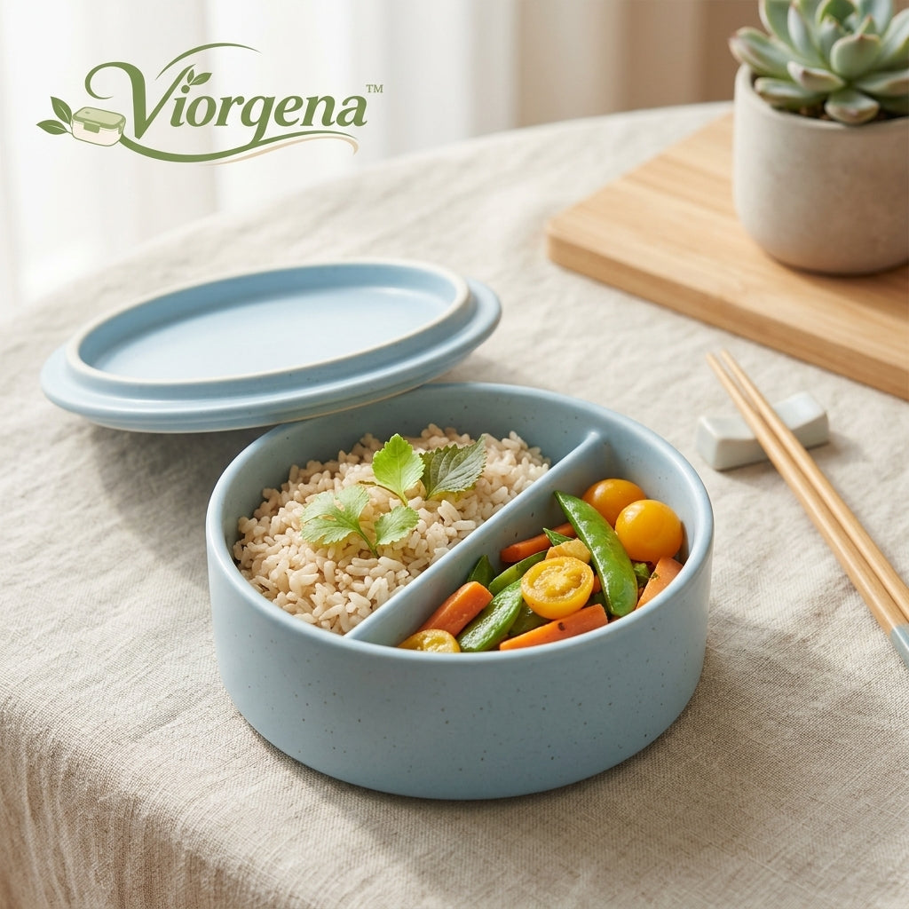 Viorqena™ Ceramic Divided Bento Box with Lid – 2-Compartment Round Meal Prep Container, Nordic Blue