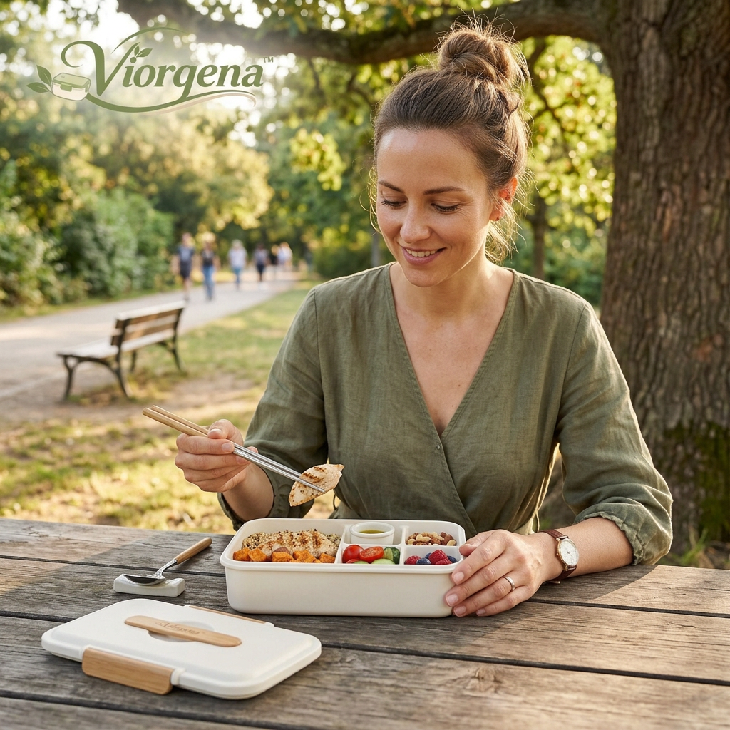 Viorqena™ All-in-One Bento Lunch Box with Matching Cutlery Set – 5-Compartment Aesthetic Meal Prep Container with Built-in Sauce Well &amp; Bamboo Accents for Adults &amp; Work