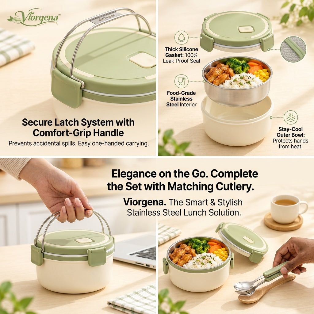 Viorqena™ Stainless Steel Insulated Lunch Box, Leakproof Round Bento Bowl with Locking Lid for Work, School, and Travel