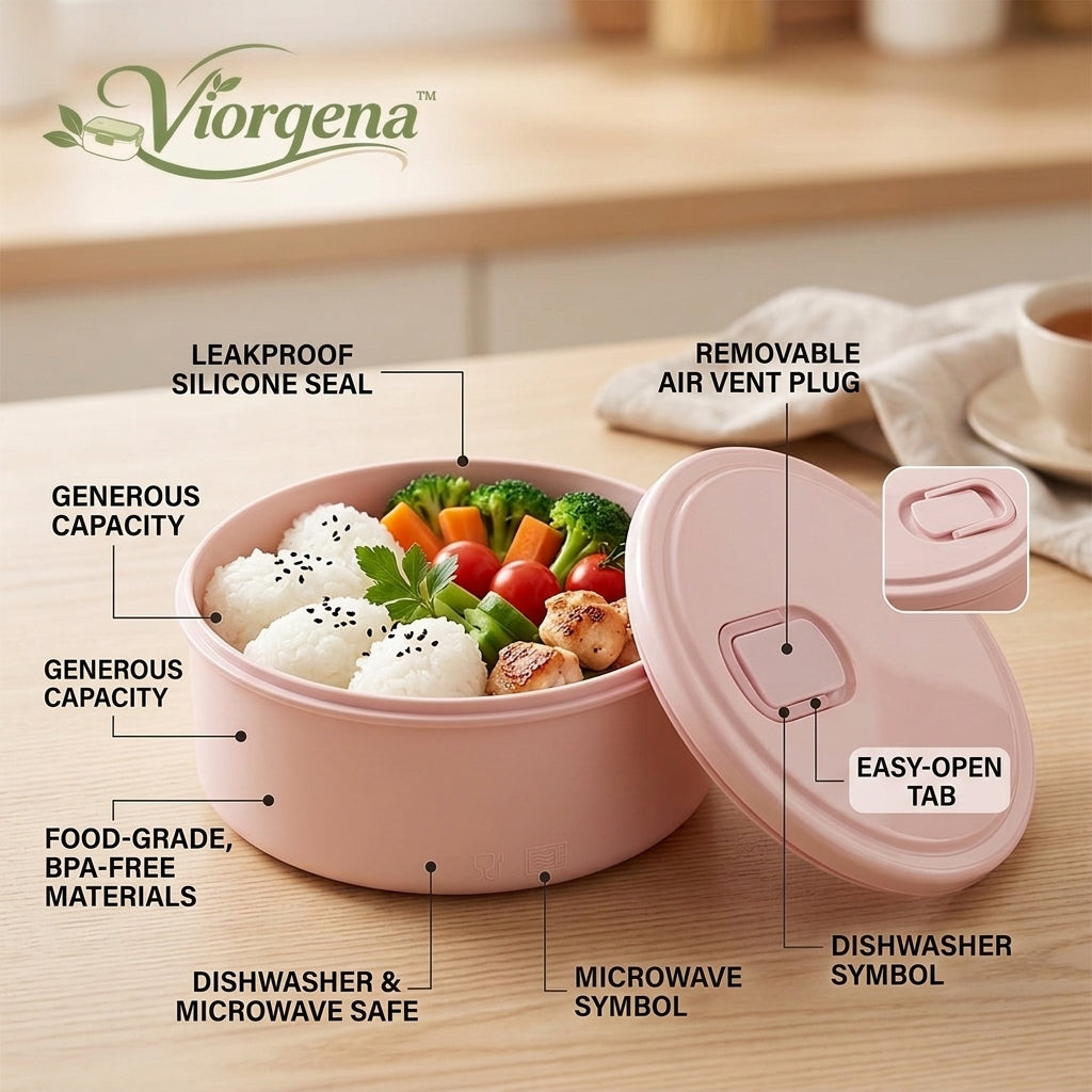 Viorqena™ Round Bento Lunch Box with Steam Vent Lid – Pastel Pink Leak-Resistant Food Storage Container for Work, School &amp; Meal Prep