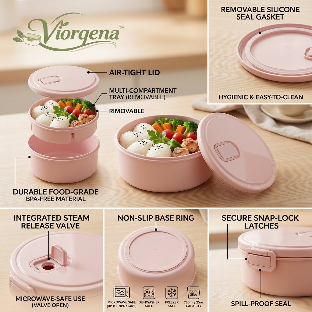 Viorqena™ Round Bento Lunch Box with Steam Vent Lid – Pastel Pink Leak-Resistant Food Storage Container for Work, School &amp; Meal Prep
