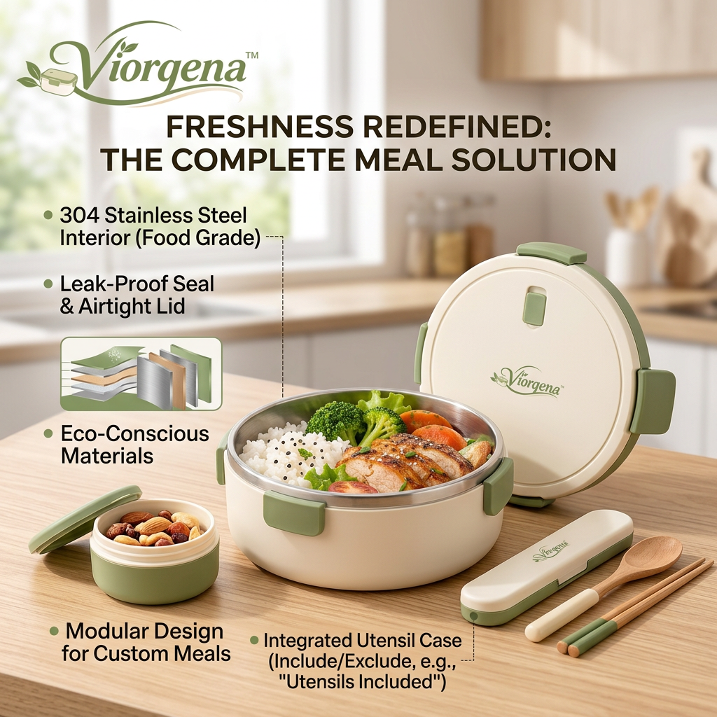 Viorqena™ Round Stainless Steel Bento Lunch Box – Leakproof Food Storage Container with Steam Release Valve &amp; Secure Snap-Locks