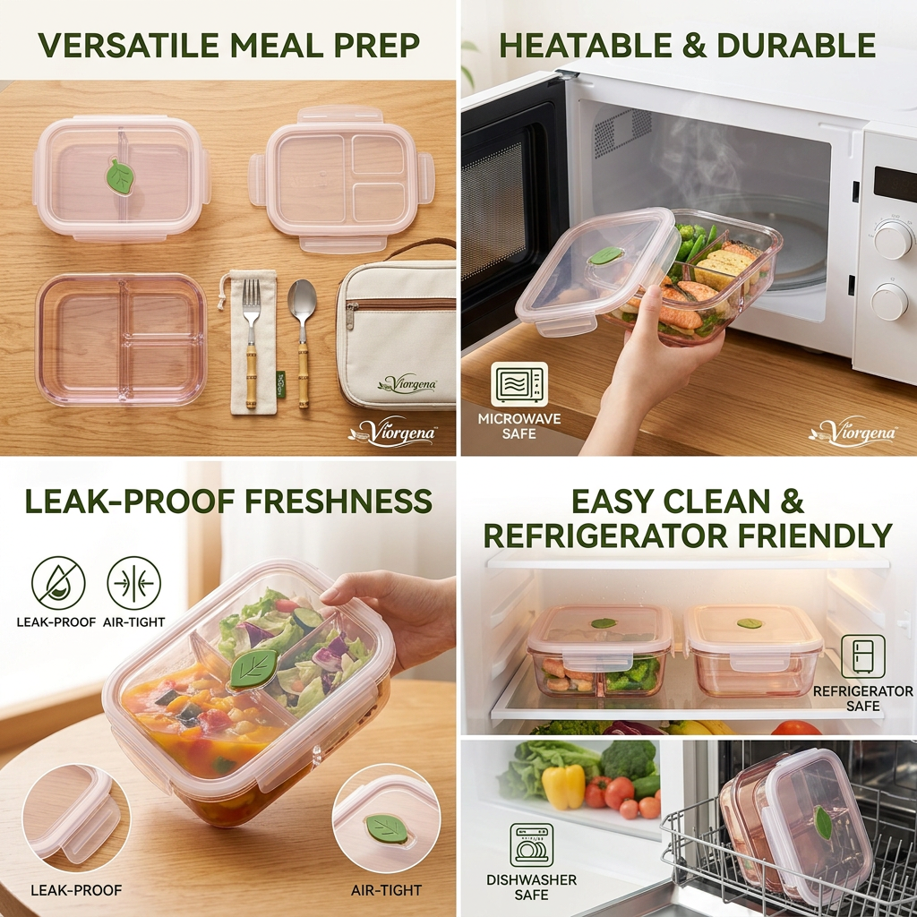 Viorqena™ 3-Compartment Glass Bento Lunch Box with Leaf Steam Vent &amp; Airtight Snap Lid