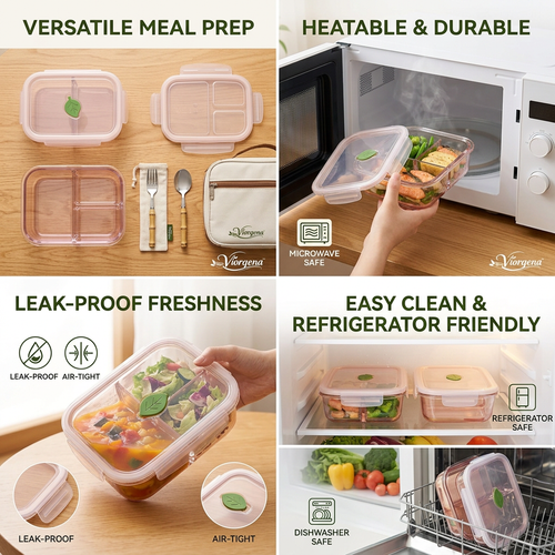 Viorqena™ 3-Compartment Glass Bento Lunch Box with Leaf Steam Vent &amp; Airtight Snap Lid