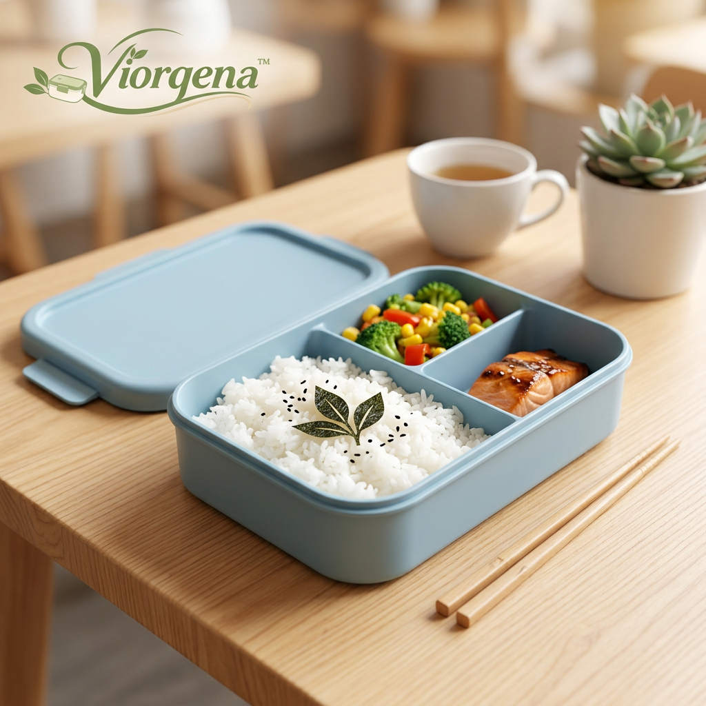 Viorqena™™ 3-Compartment Bento Lunch Box – Pastel Blue Portion Control Meal Prep Food Container with Secure Snap Lid