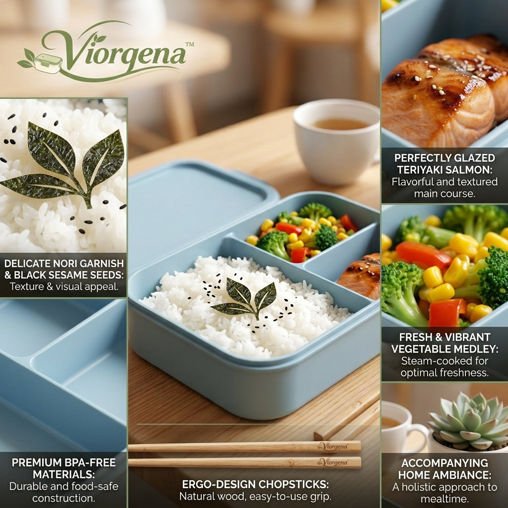 Viorqena™™ 3-Compartment Bento Lunch Box – Pastel Blue Portion Control Meal Prep Food Container with Secure Snap Lid