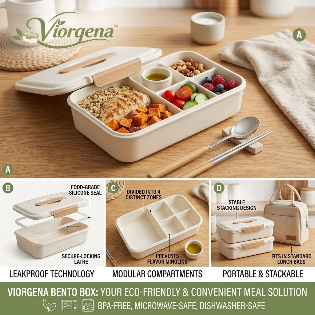 Viorqena™ All-in-One Bento Lunch Box with Matching Cutlery Set – 5-Compartment Aesthetic Meal Prep Container with Built-in Sauce Well &amp; Bamboo Accents for Adults &amp; Work