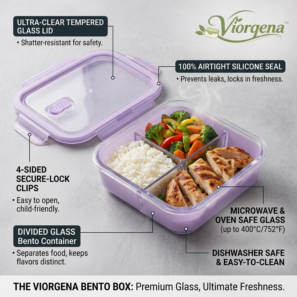 Viorqena™ Purple 3-Compartment Lunch Box with Clear Lid