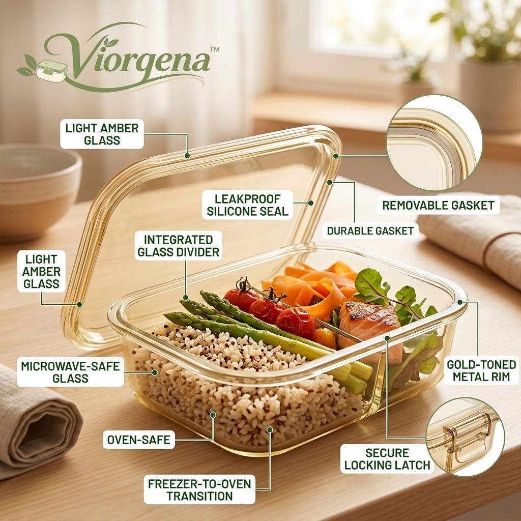 Viorqena™ 2-Compartment Glass Meal Prep Container with Matching Lid | Divided Bento Lunch Box for Portion Control &amp; Fresh Food Storage