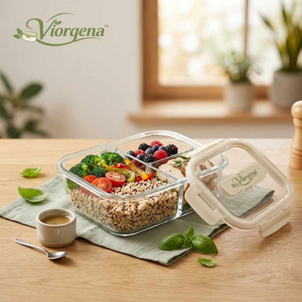 Viorqena™ 3-Compartment Glass Meal Prep Container with Airtight Locking Lid – Leakproof Bento Lunch Box for Portion Control &amp; Daily Freshness