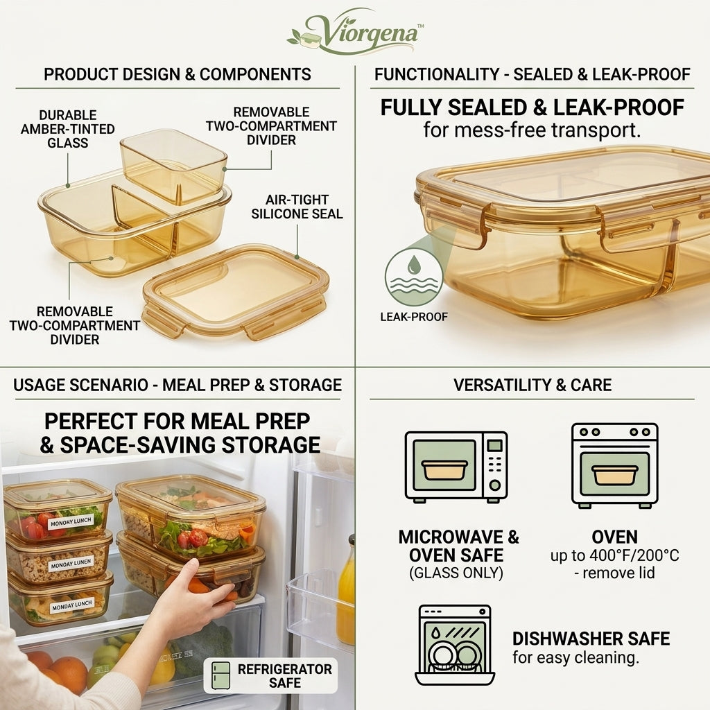 Viorqena™ 2-Compartment Glass Meal Prep Container with Matching Lid | Divided Bento Lunch Box for Portion Control &amp; Fresh Food Storage