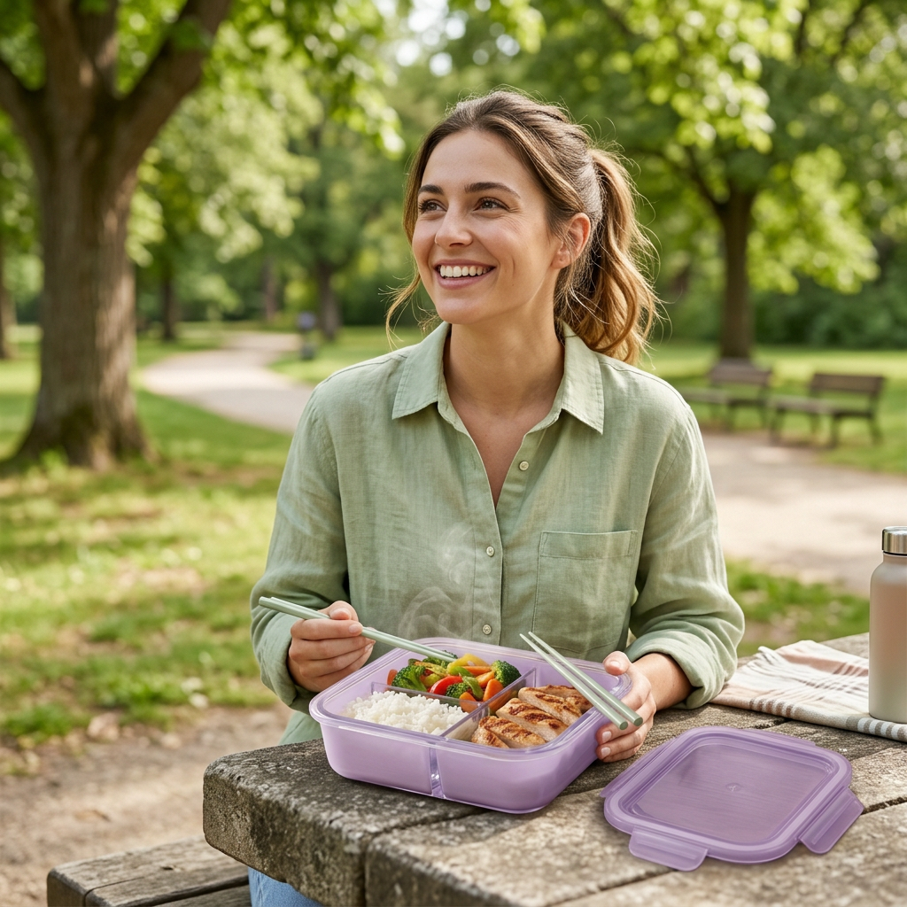 Viorqena™ Purple 3-Compartment Lunch Box with Clear Lid