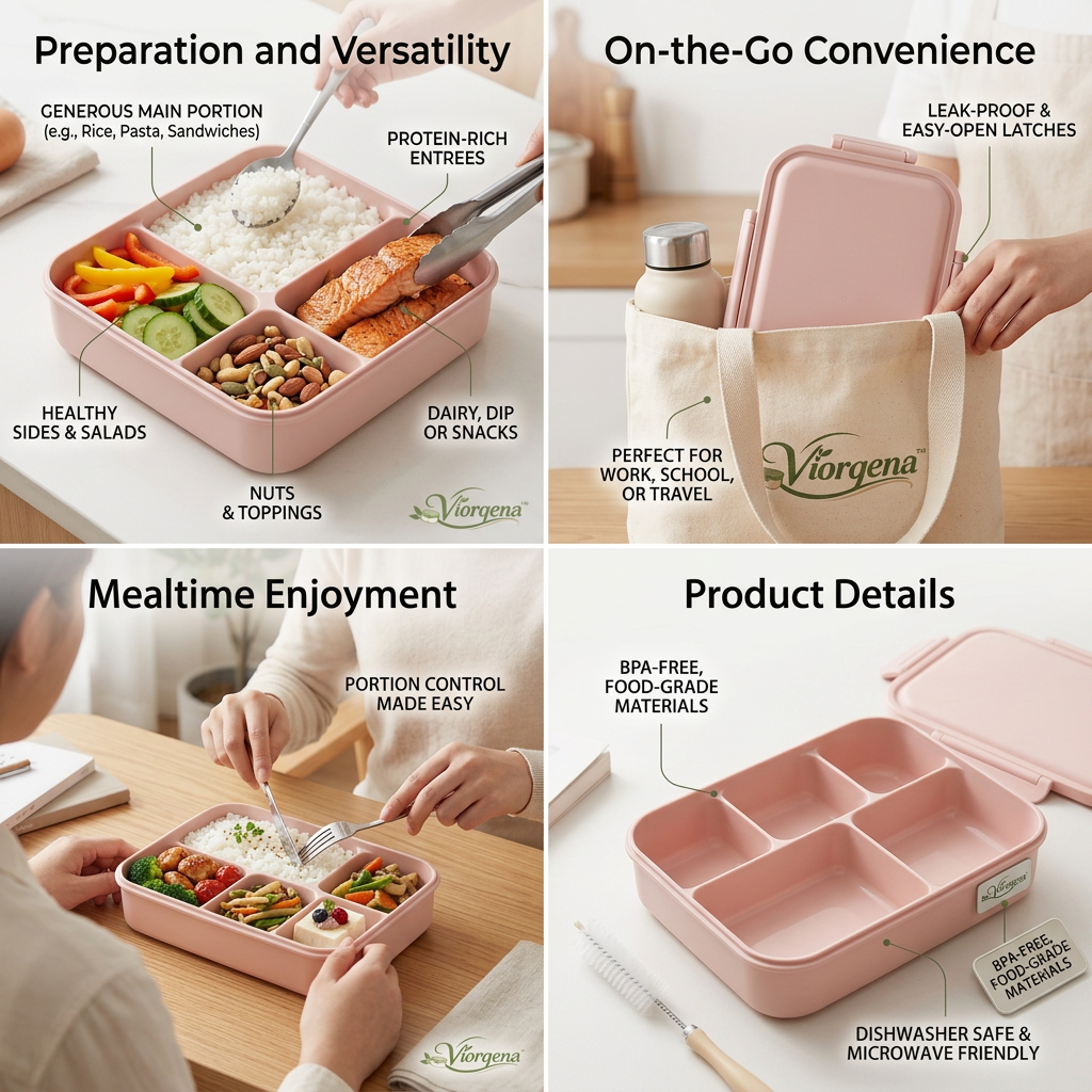 Viorqena™ 5-Compartment Bento Lunch Box – Leak-Resistant Portion Control Meal Prep Food Container with Secure Snap-Lock Lid