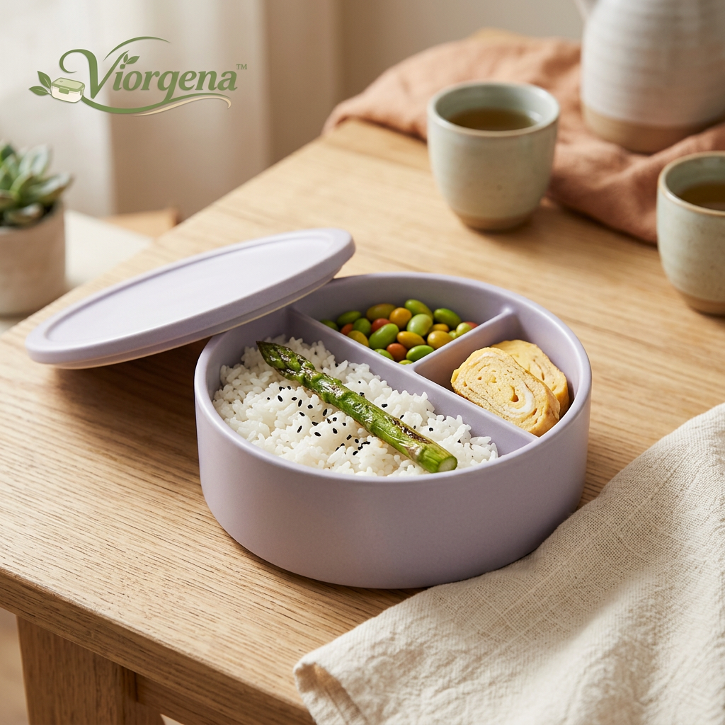 Viorqena™ 3-Compartment Round Bento Box with Lid – Matte Lilac
