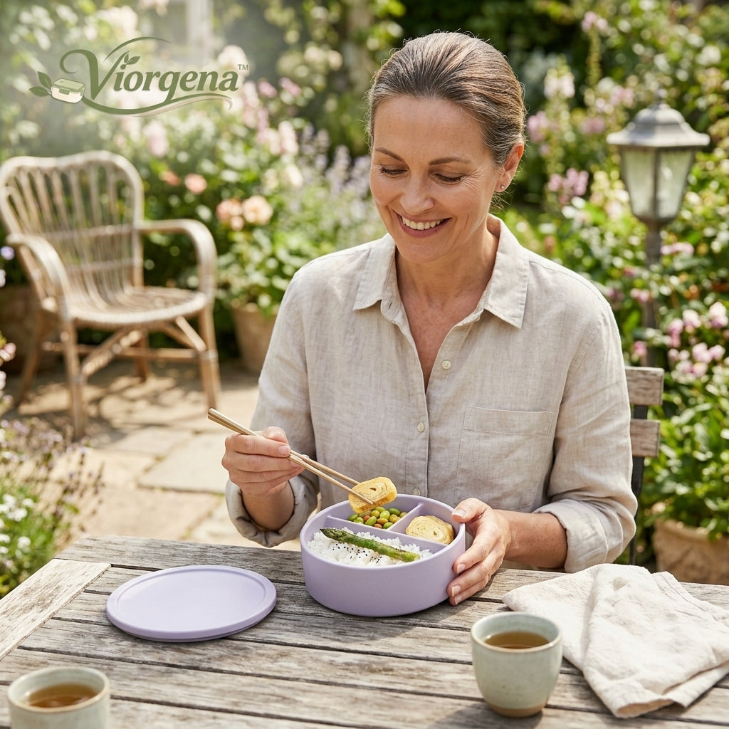 Viorqena™ 3-Compartment Round Bento Box with Lid – Matte Lilac