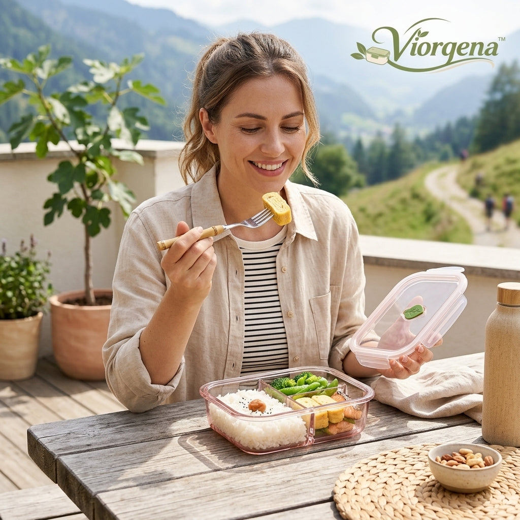 Viorqena™ 3-Compartment Glass Bento Lunch Box with Leaf Steam Vent &amp; Airtight Snap Lid