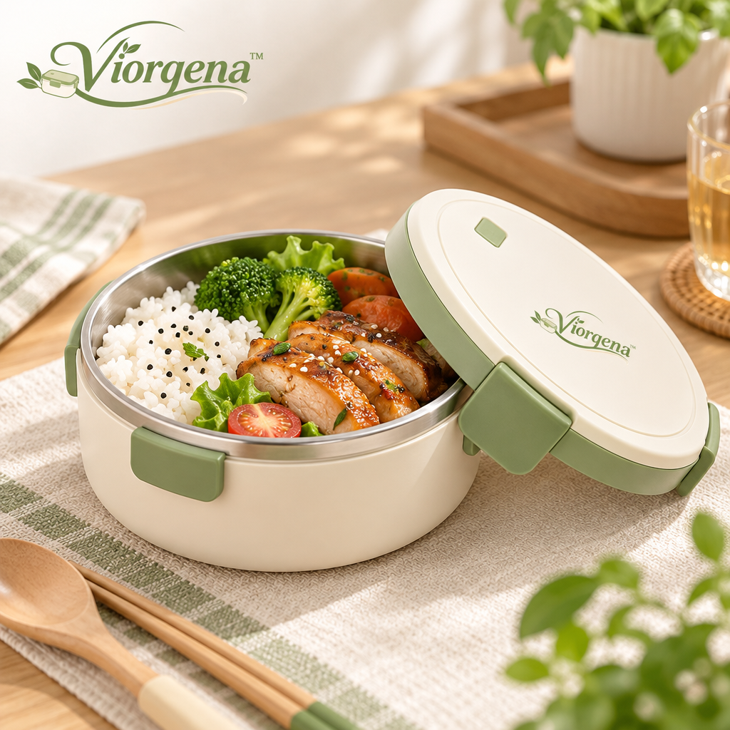 Viorqena™ Round Stainless Steel Bento Lunch Box – Leakproof Food Storage Container with Steam Release Valve &amp; Secure Snap-Locks