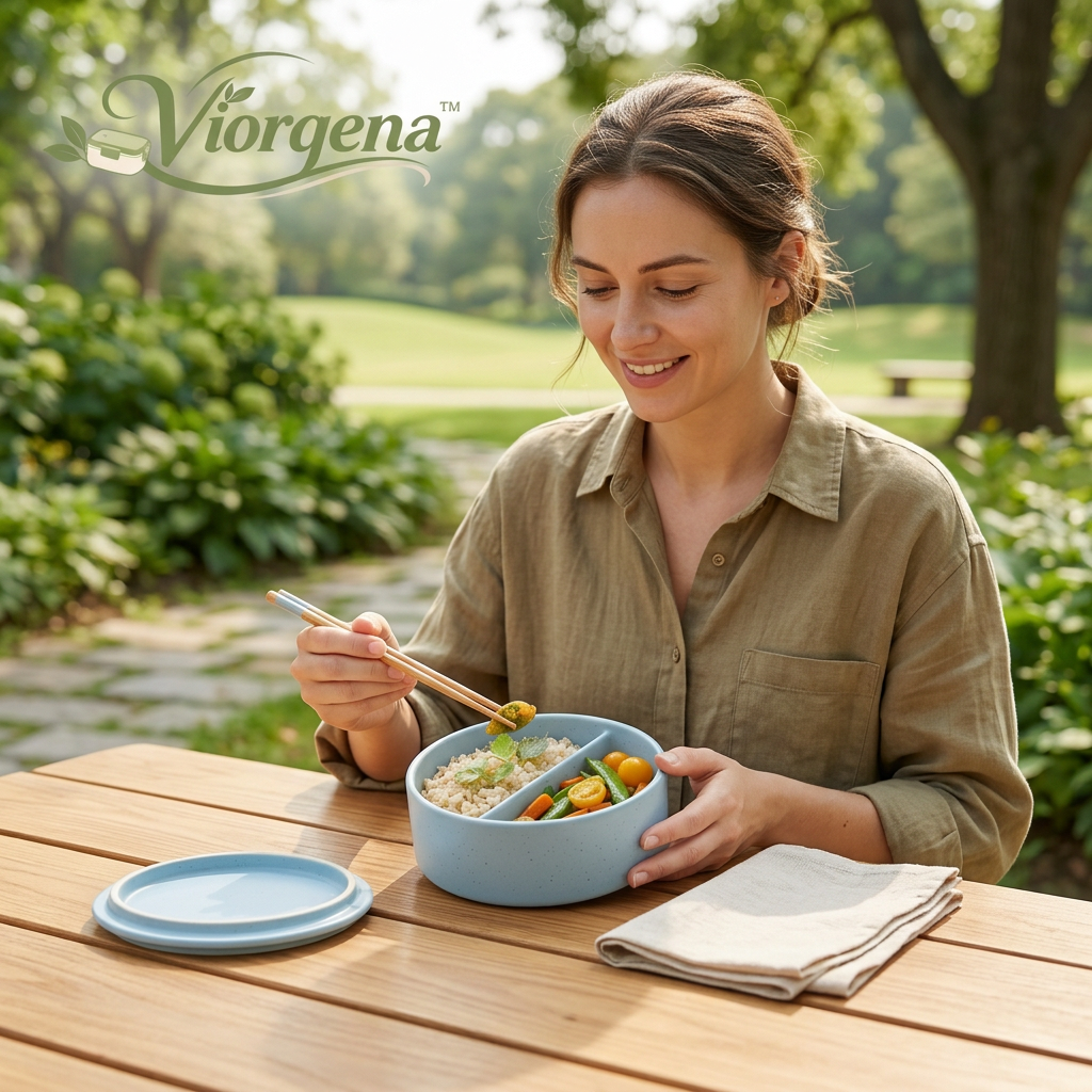 Viorqena™ Ceramic Divided Bento Box with Lid – 2-Compartment Round Meal Prep Container, Nordic Blue
