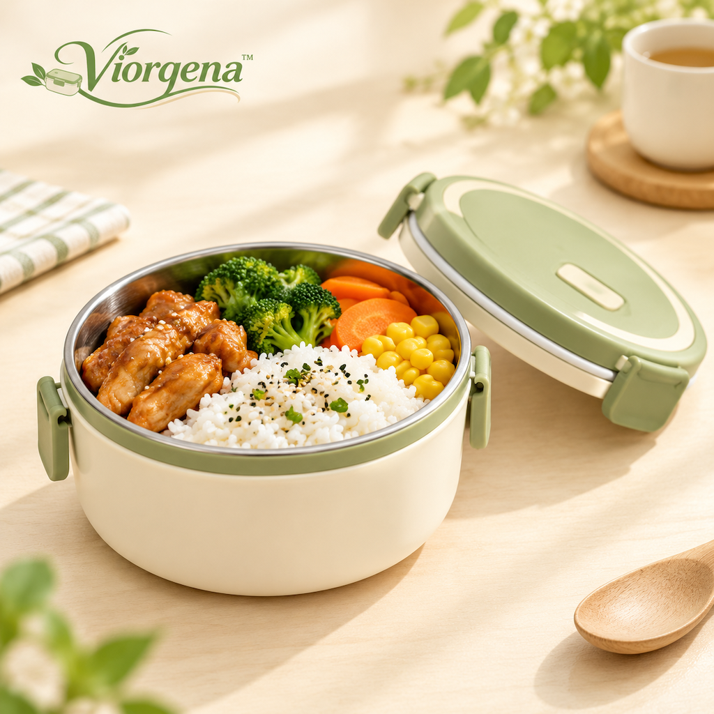 Viorqena™ Stainless Steel Insulated Lunch Box, Leakproof Round Bento Bowl with Locking Lid for Work, School, and Travel