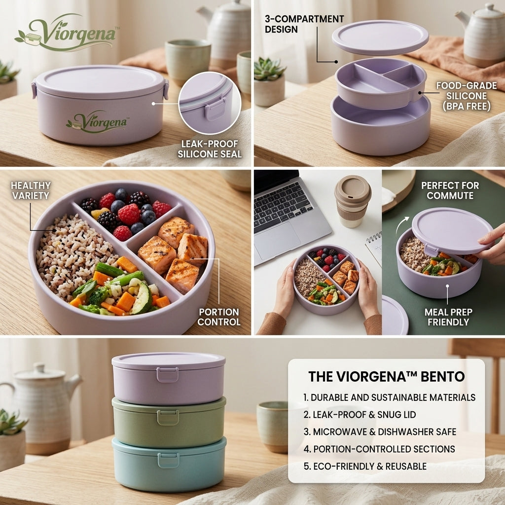 Viorqena™ 3-Compartment Round Bento Box with Lid – Matte Lilac
