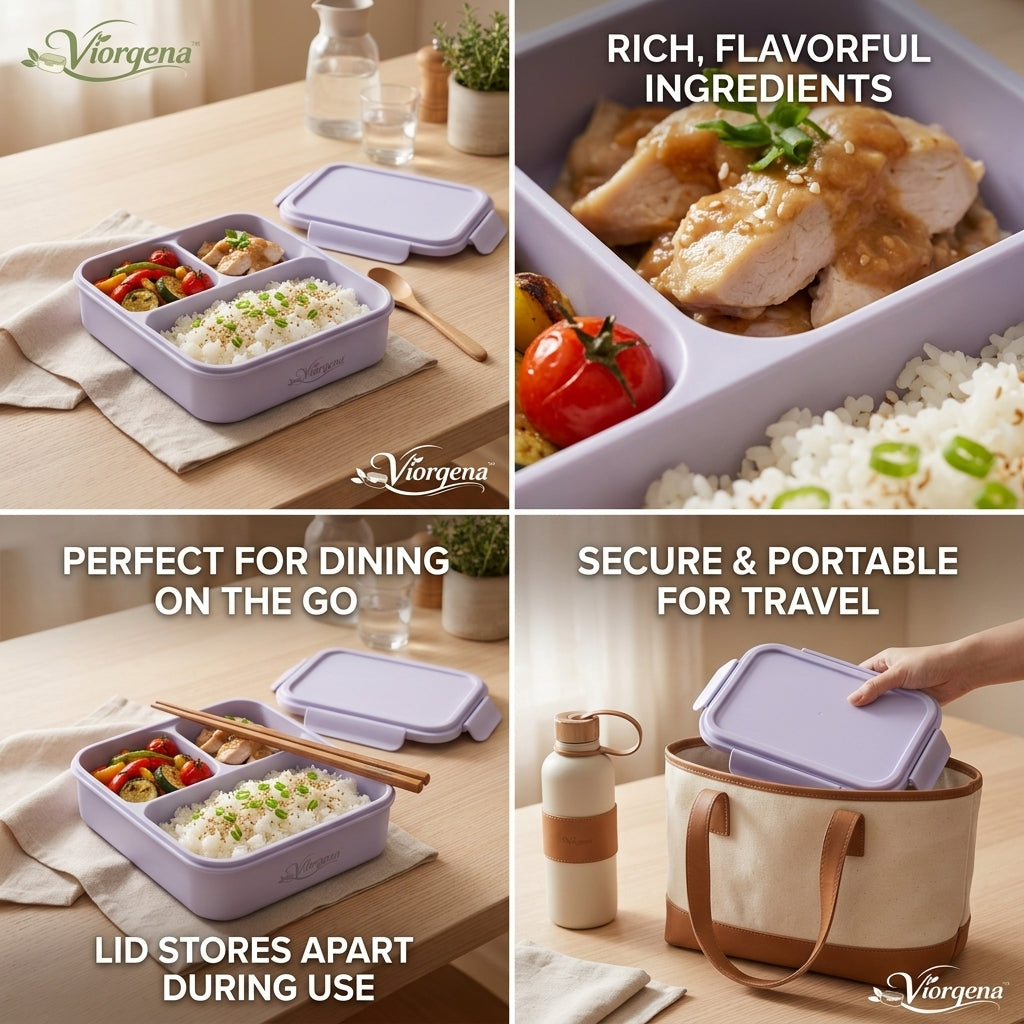 Viorqena™ 3-Compartment Bento Lunch Box – Leak-Resistant Portion Control Meal Prep Container with Snap-Lock Lid
