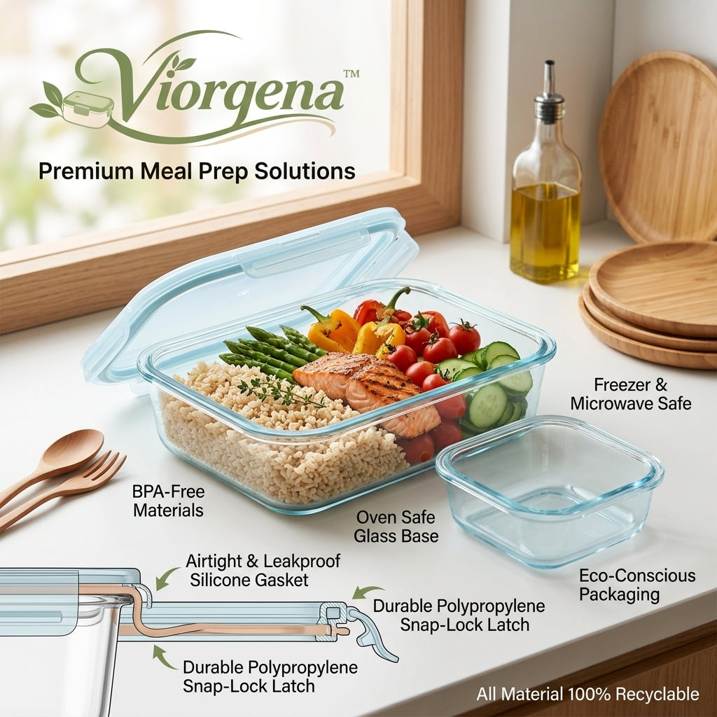 Viorqena™ Leakproof Glass Meal Prep Bento Box with Airtight Snap-Locking Lid