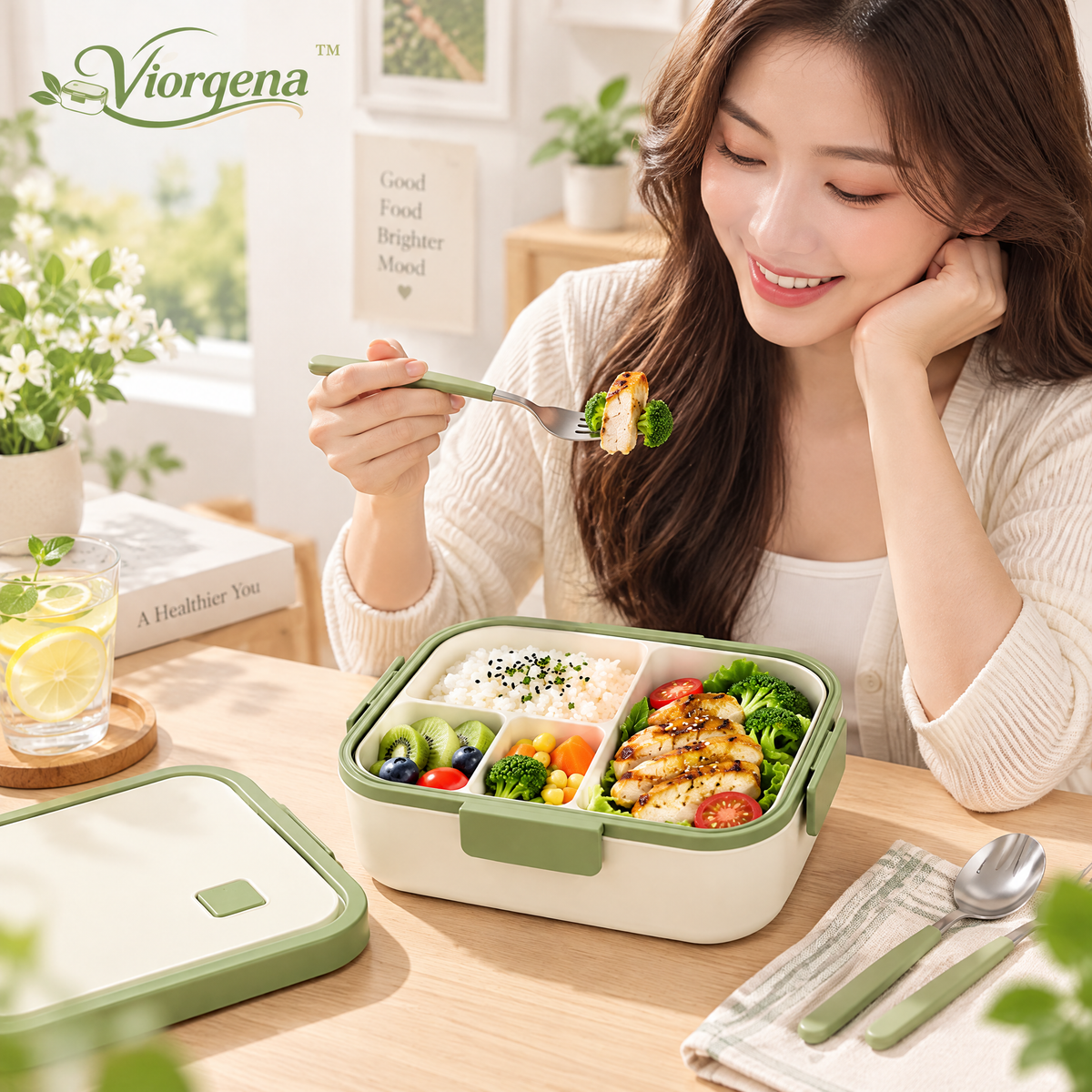 Viorqena™ 4-Compartment Bento Lunch Box with Cutlery Set – Leakproof Meal Prep Food Container for Adults &amp; Kids