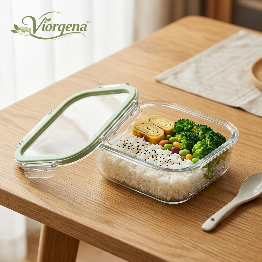 Viorqena™ Airtight Glass Lunch Box – Single Compartment Bento Food Storage Container with Leakproof Snap-Lock Lid