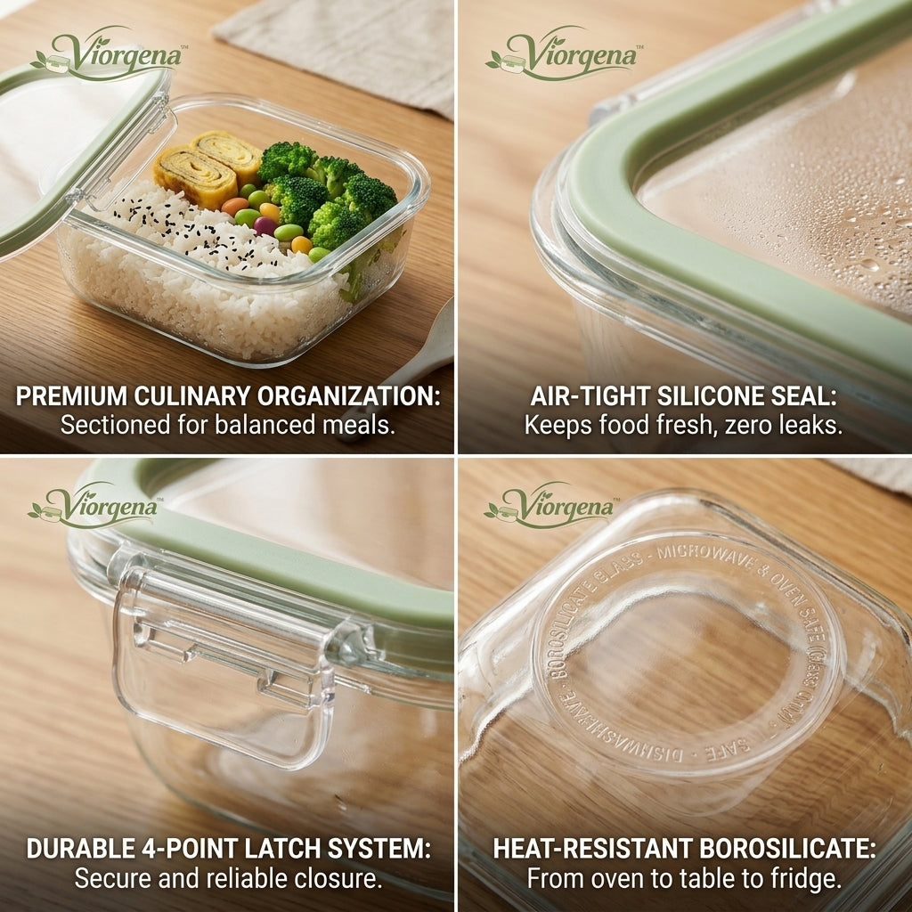 Viorqena™ Airtight Glass Lunch Box – Single Compartment Bento Food Storage Container with Leakproof Snap-Lock Lid