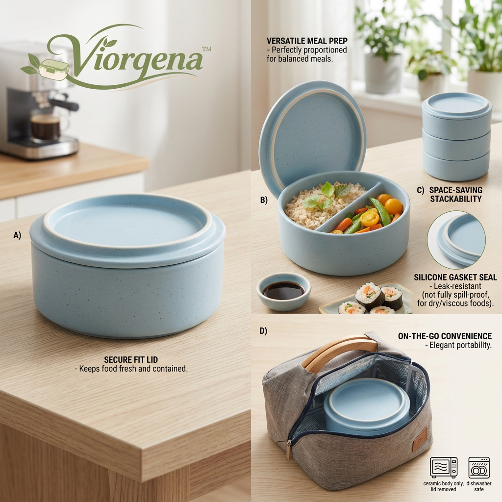 Viorqena™ Ceramic Divided Bento Box with Lid – 2-Compartment Round Meal Prep Container, Nordic Blue