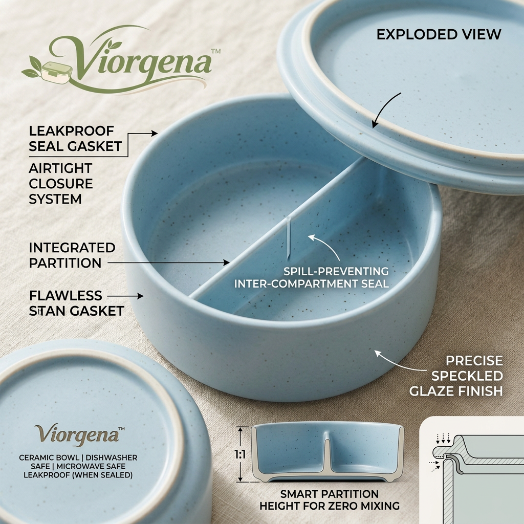 Viorqena™ Ceramic Divided Bento Box with Lid – 2-Compartment Round Meal Prep Container, Nordic Blue