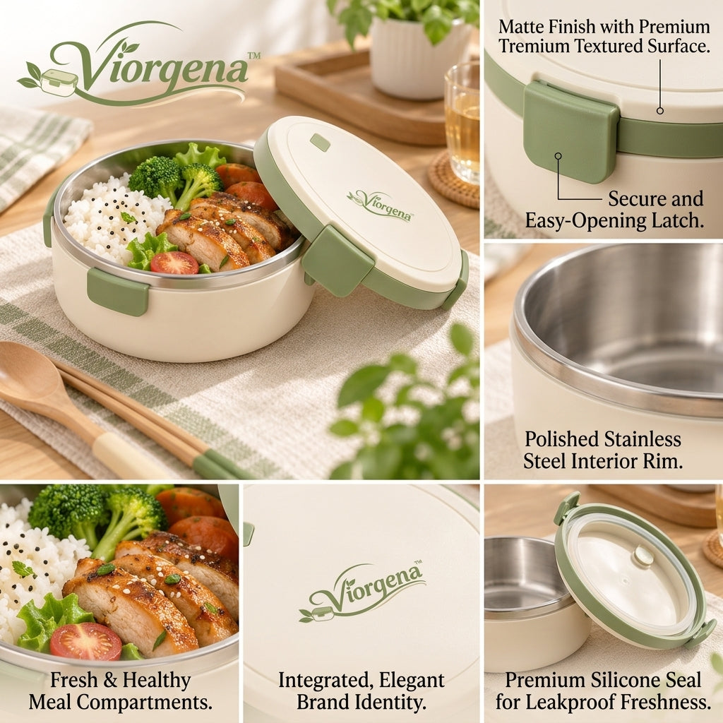 Viorqena™ Round Stainless Steel Bento Lunch Box – Leakproof Food Storage Container with Steam Release Valve &amp; Secure Snap-Locks