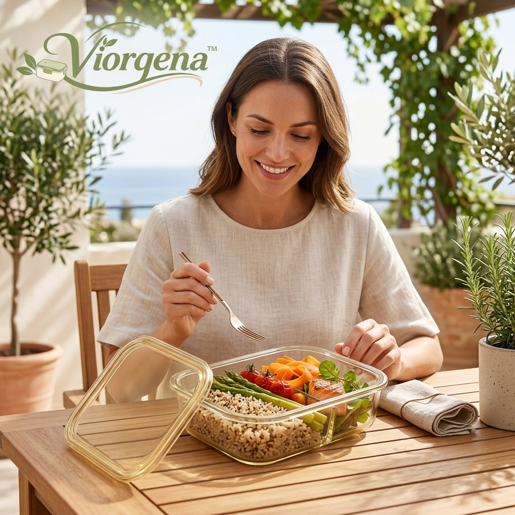 Viorqena™ 2-Compartment Glass Meal Prep Container with Matching Lid | Divided Bento Lunch Box for Portion Control &amp; Fresh Food Storage