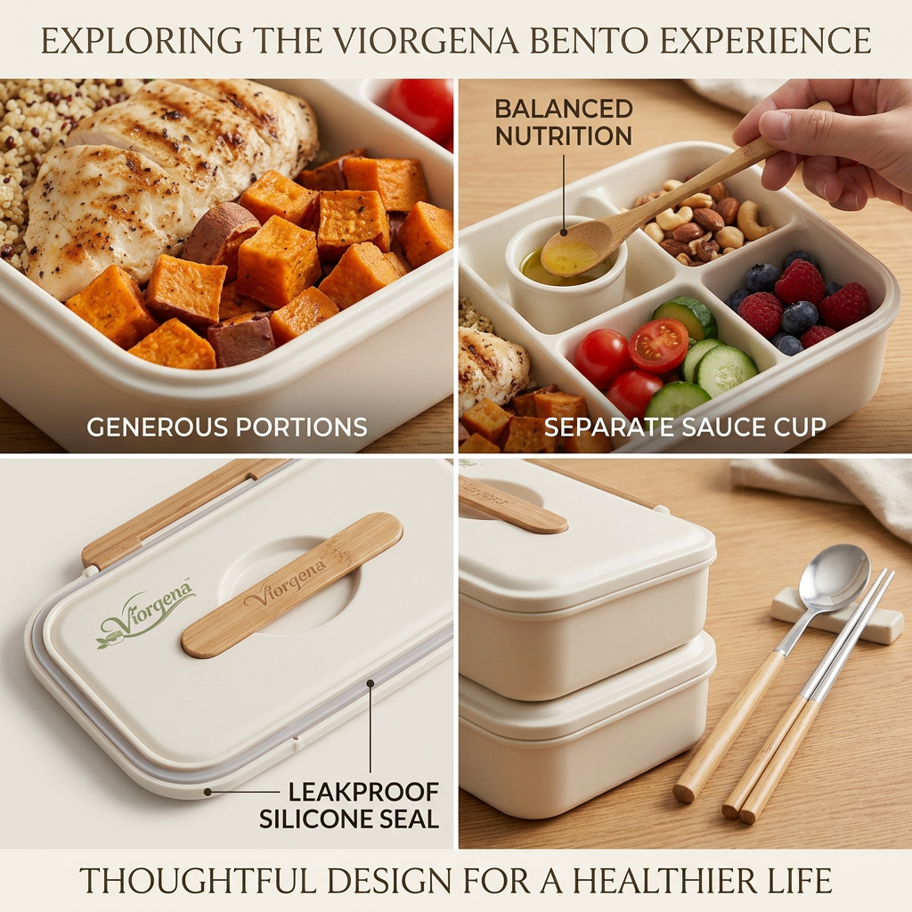 Viorqena™ All-in-One Bento Lunch Box with Matching Cutlery Set – 5-Compartment Aesthetic Meal Prep Container with Built-in Sauce Well &amp; Bamboo Accents for Adults &amp; Work