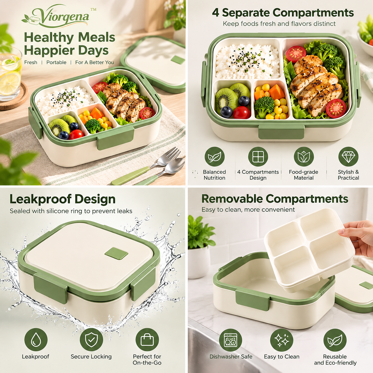 Viorqena™ 4-Compartment Bento Lunch Box with Cutlery Set – Leakproof Meal Prep Food Container for Adults &amp; Kids