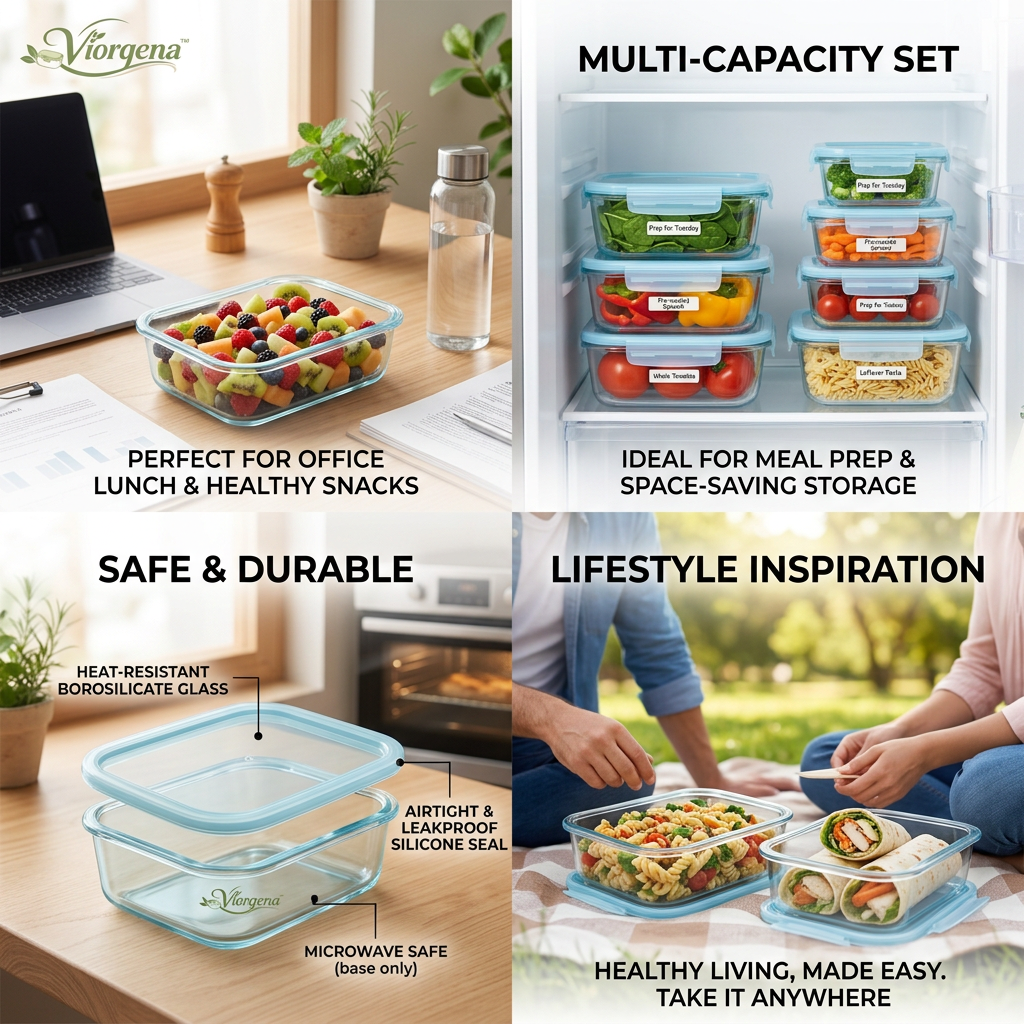Viorqena™ Leakproof Glass Meal Prep Bento Box with Airtight Snap-Locking Lid