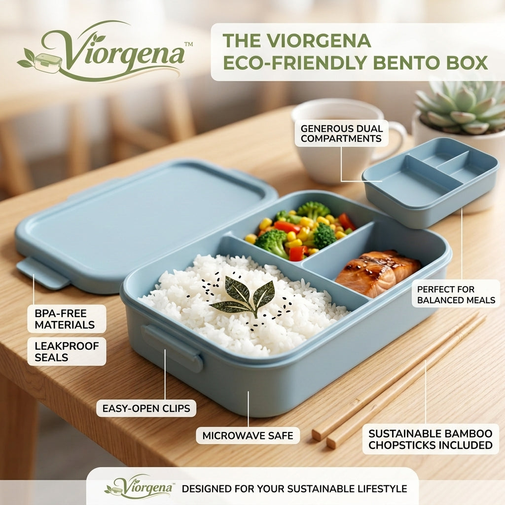 Viorqena™™ 3-Compartment Bento Lunch Box – Pastel Blue Portion Control Meal Prep Food Container with Secure Snap Lid