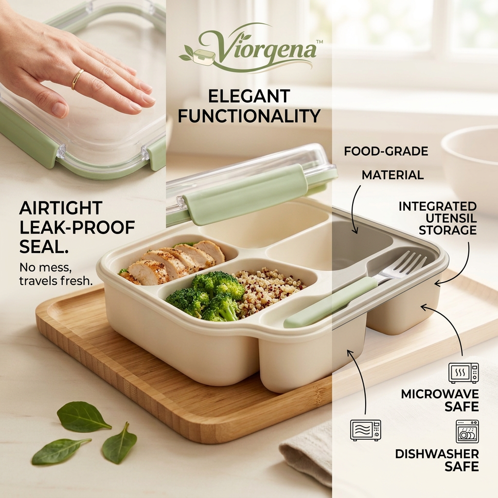 Viorqena™ All-in-One Bento Lunch Box with Built-In Fork – 4-Compartment Portion-Control Meal Prep Container with Clear Locking Lid