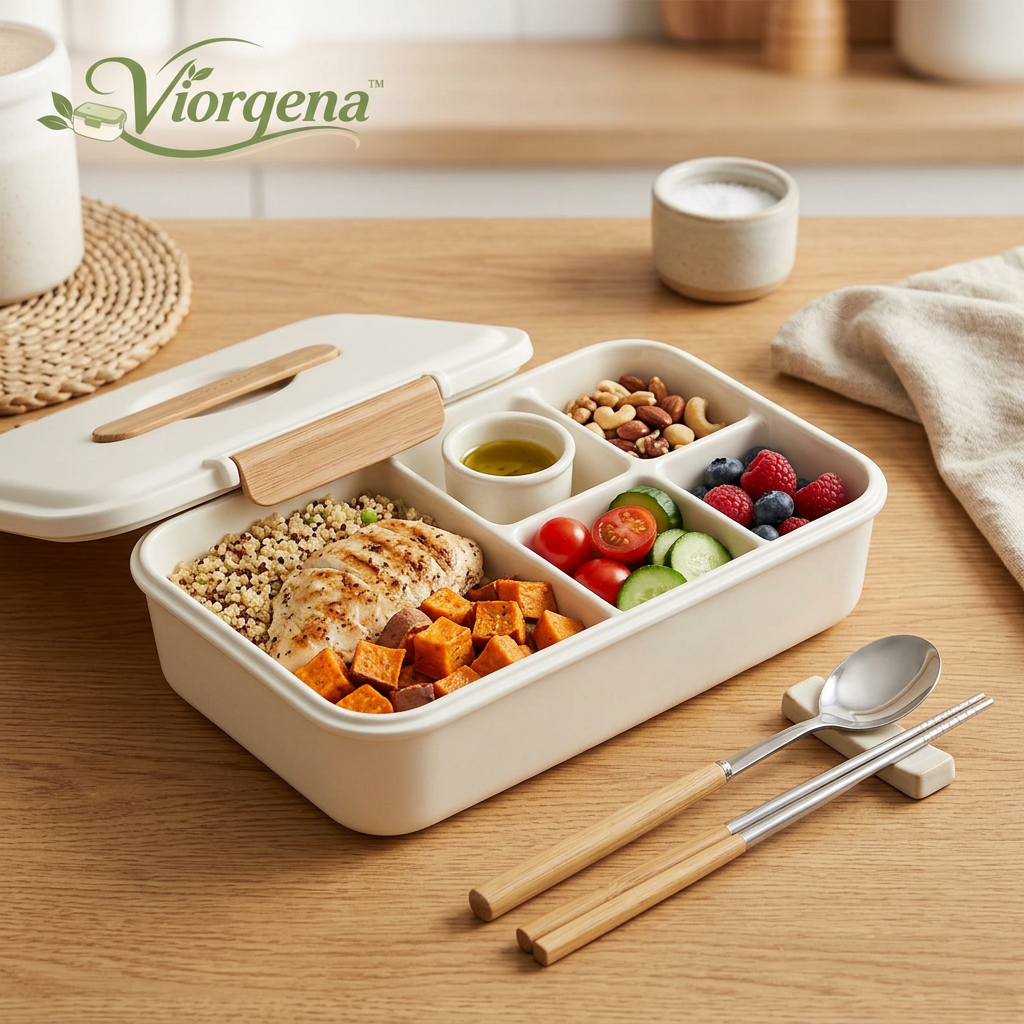 Viorqena™ All-in-One Bento Lunch Box with Matching Cutlery Set – 5-Compartment Aesthetic Meal Prep Container with Built-in Sauce Well &amp; Bamboo Accents for Adults &amp; Work