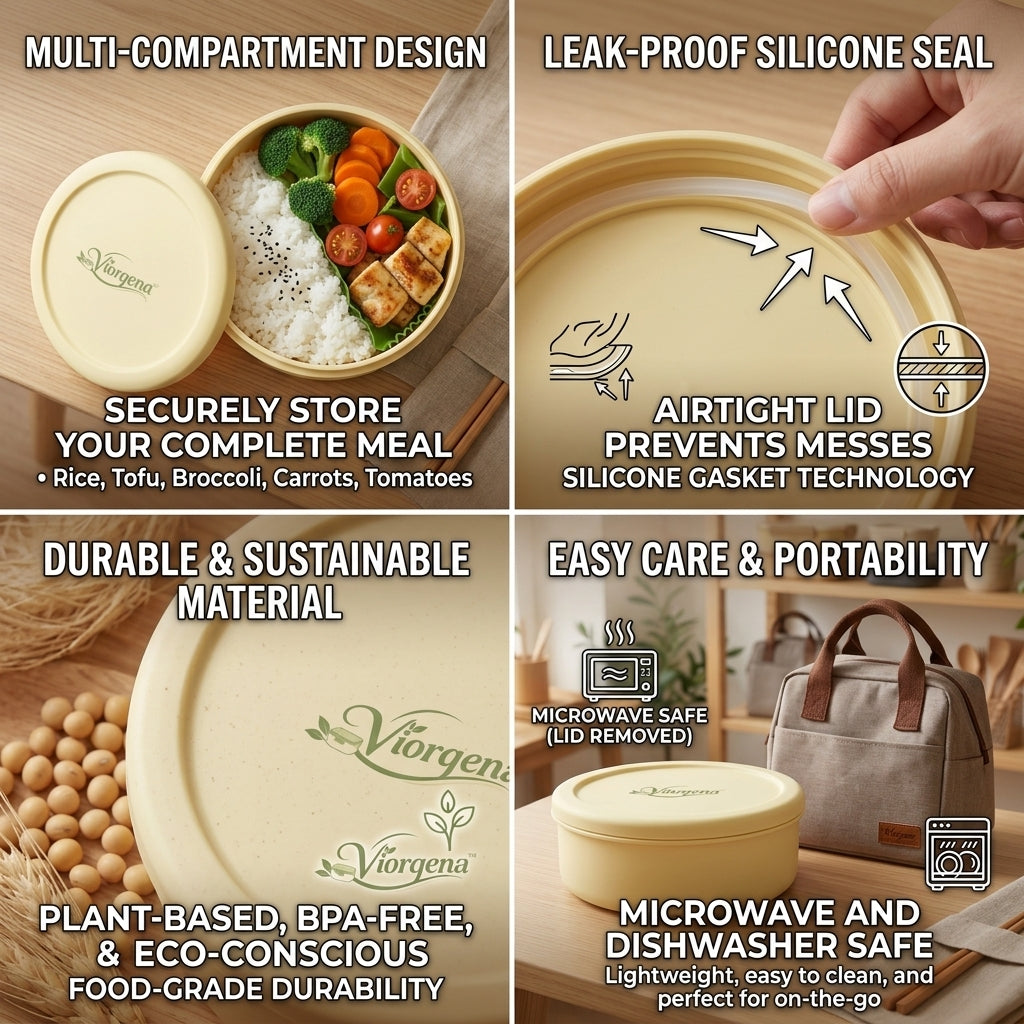 Viorqena™ Minimalist Round Bento Lunch Box – Reusable Meal Prep Food Container