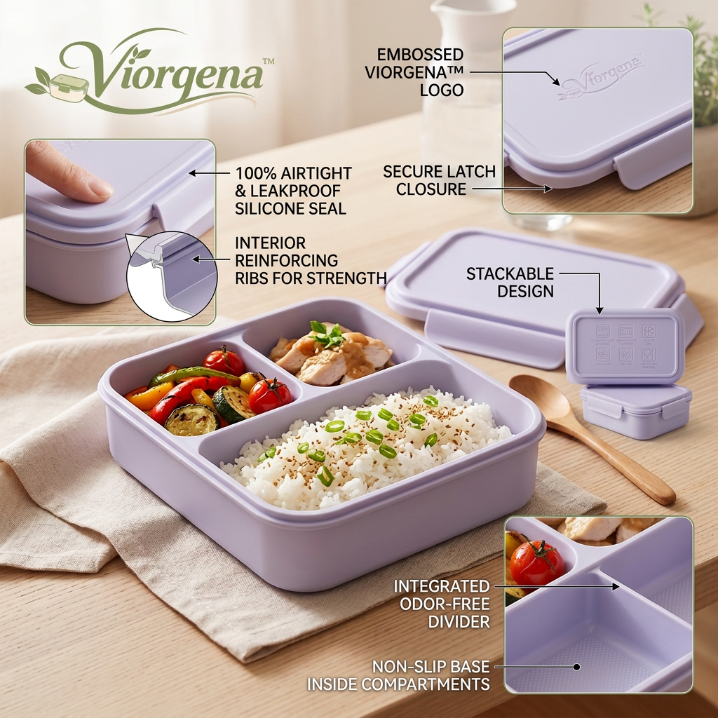Viorqena™ 3-Compartment Bento Lunch Box – Leak-Resistant Portion Control Meal Prep Container with Snap-Lock Lid